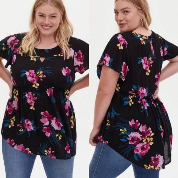 Torrid | Black Floral Babydoll Gauze Keyhole Front Tunic Top | Size 1X - Picture 1 of 8